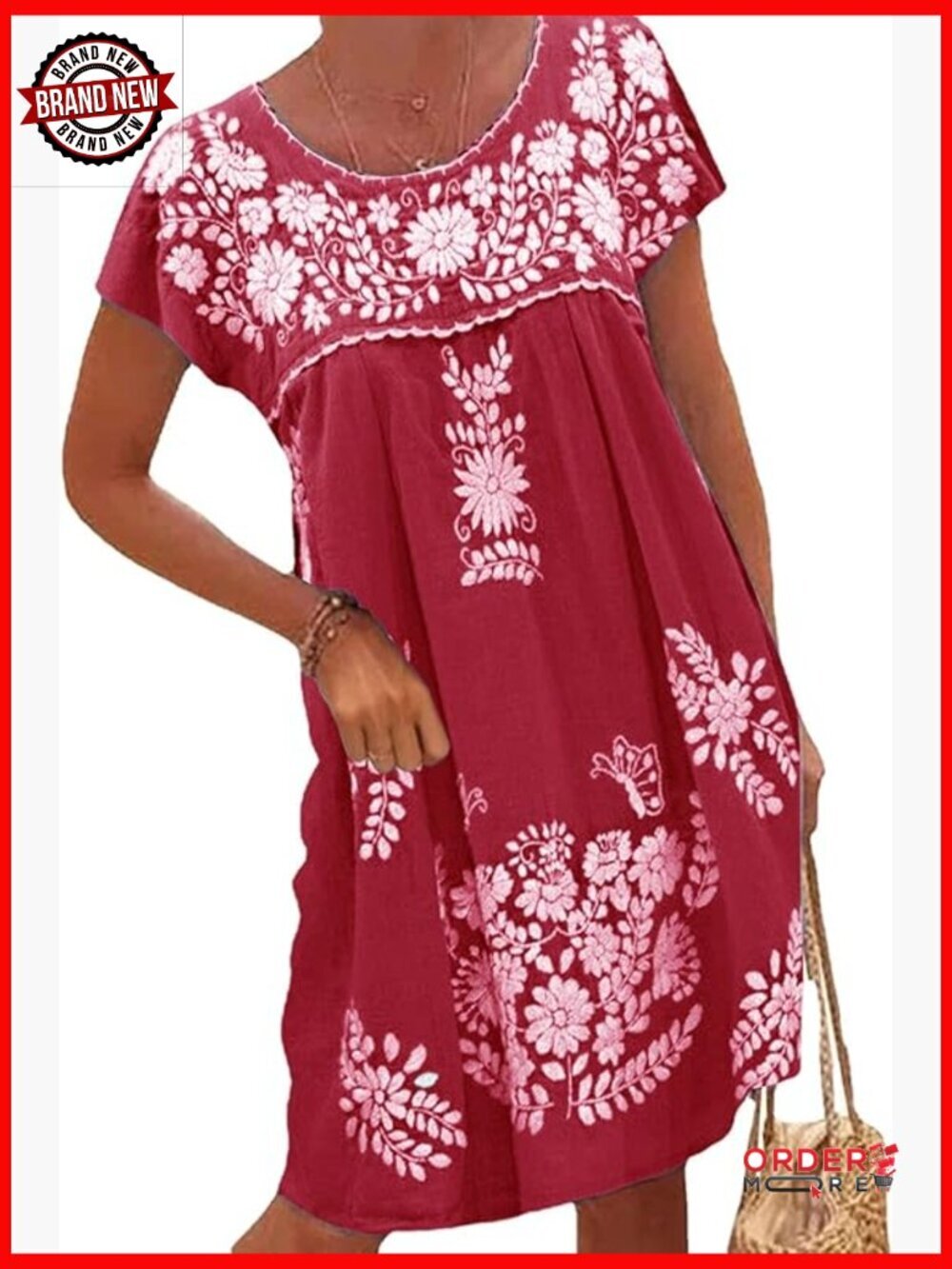Short Sleeve Floral Embroidered Linen Peasant Dress Loose Fit Fiesta Casual